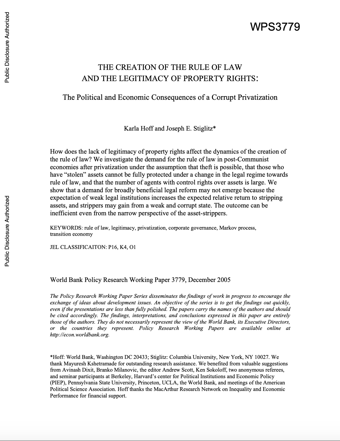 The Creation Of The Rule Of Law And The Legitimacy Of Property Rights:  The Political And Economic Consequences Of A Corrupt Privatization
